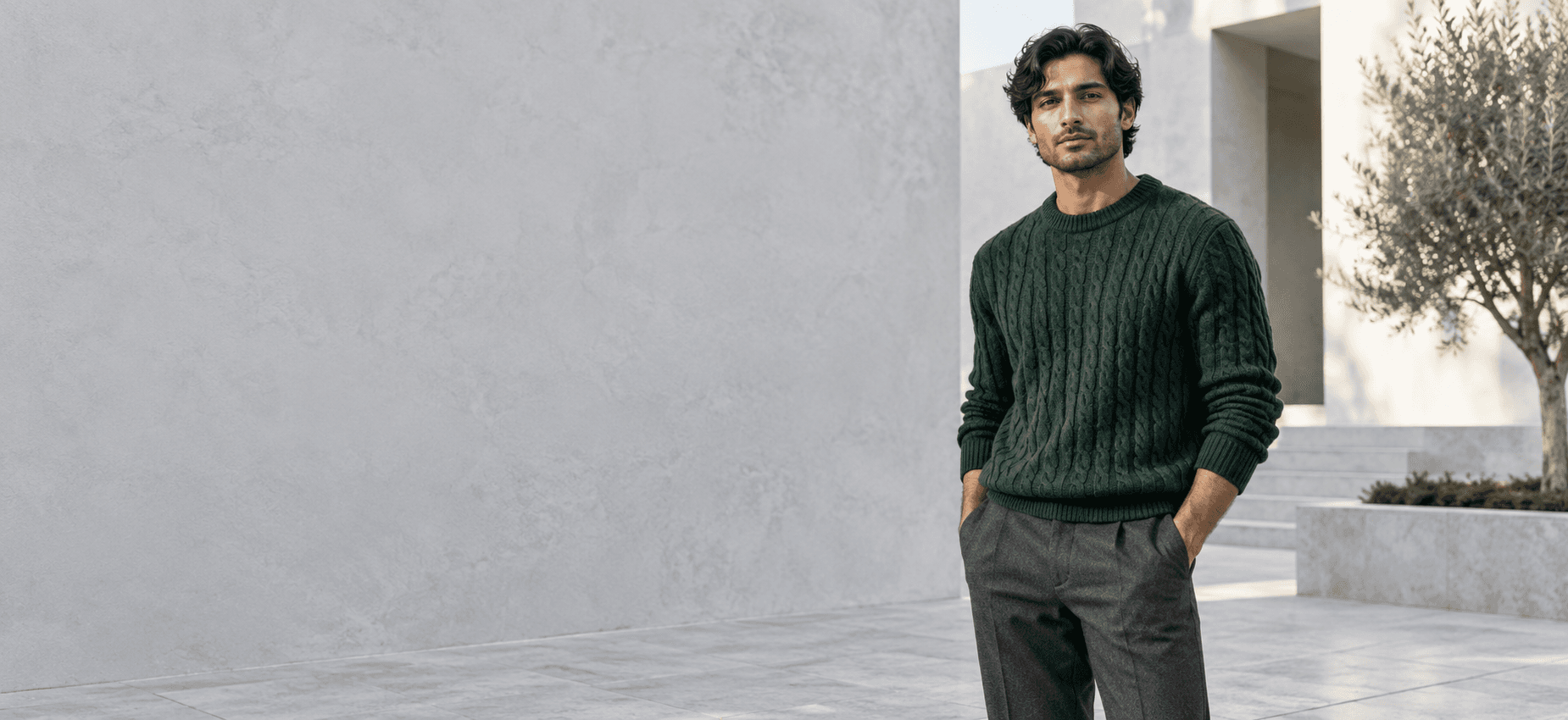 AI-generated model wearing the Forest Knit sample sweater